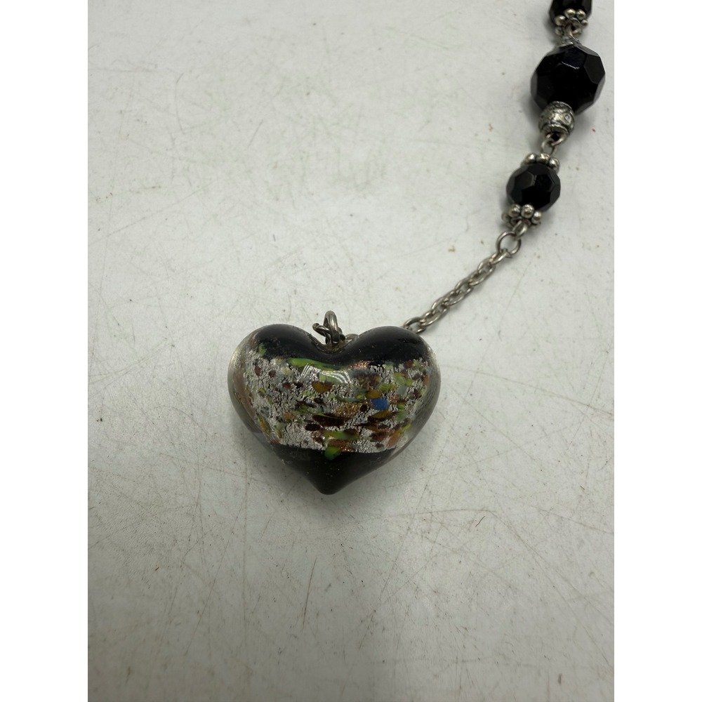 Murano Style Art Glass Heart Pendant Black Foil Bead Charm Silver Tone 6.5in
